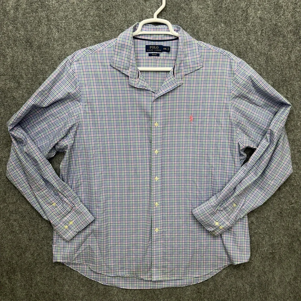 Polo Ralph Lauren Button Up Shirt Long Sleeve Men's size XXL 2XL blue pink plaid